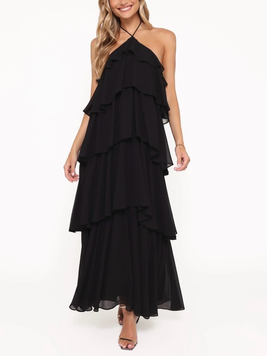 Petal & Pup Dresses & Skirts - Petal & Pup Chasity Black Halterneck Tiered Ruffle Maxi Dress